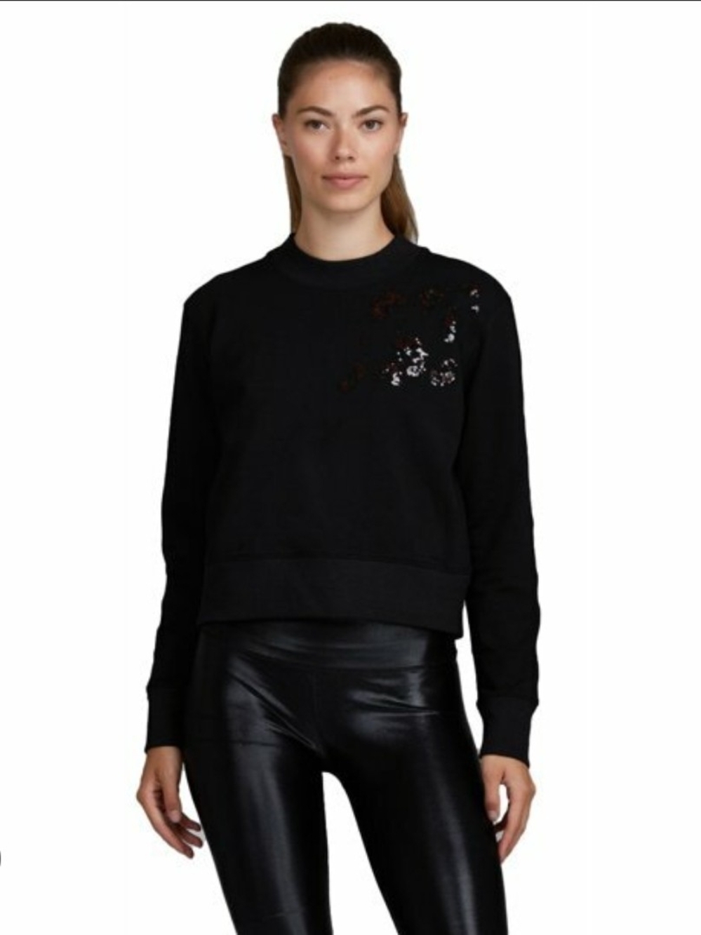 Noli Black Crewneck Sweatshirt with Sequin Floral Accent